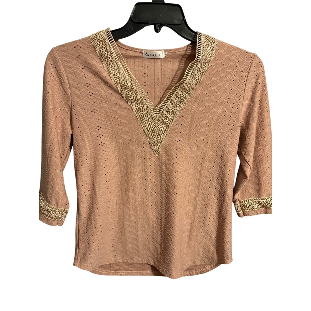 Boho Mauve Eyelet Lace V-Neck Blouse Romantic Cottagecore 3/4 Sleeve Top Medium